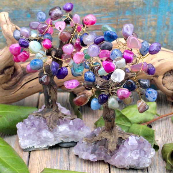 Dyed Multi-Color Agate Crystal Tree with Amethyst Cluster Base For Discount
